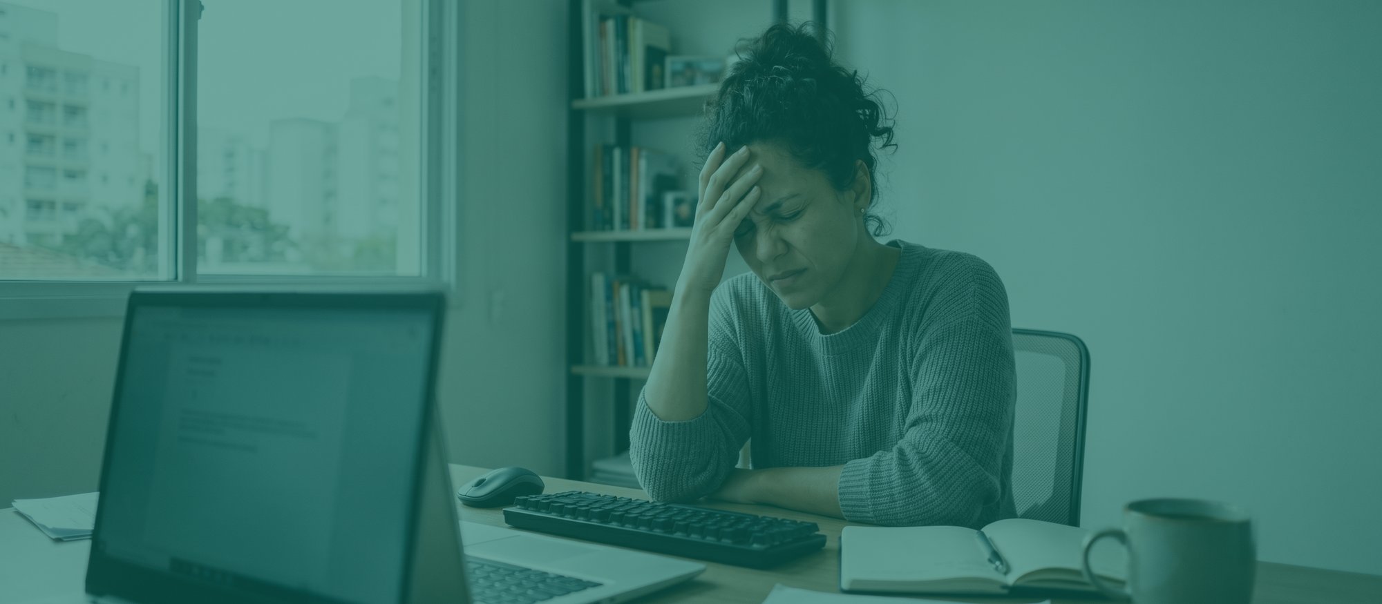 Pessoa sentada à mesa de trabalho com a mão pressionando a testa e os olhos fechados, sob a luz forte da janela e da tela do computador