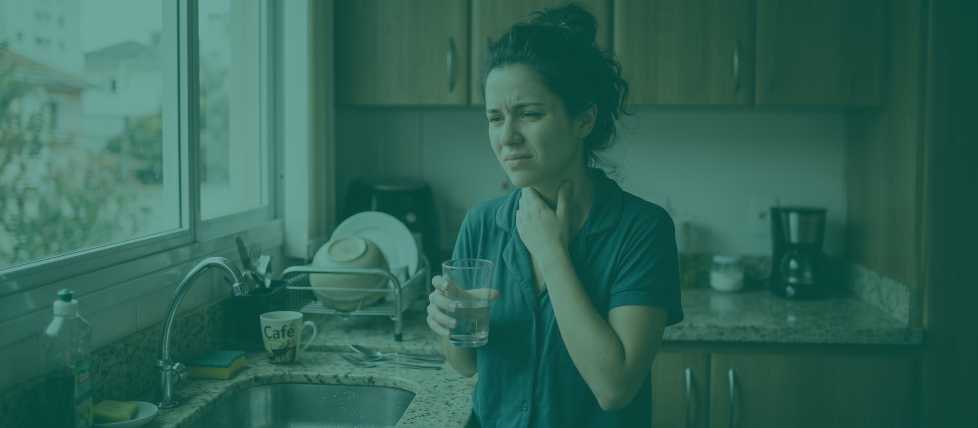 Mulher jovem em pijama na cozinha pela manhã, com copo d'água e mão no pescoço, sentindo dor ao engolir — sintoma de amigdalite