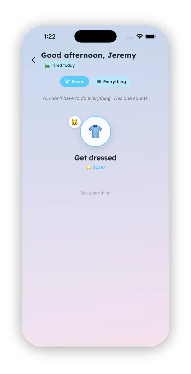 Maddy app home screen on a tired day, showing a single task, Get dressed, worth $1.00
