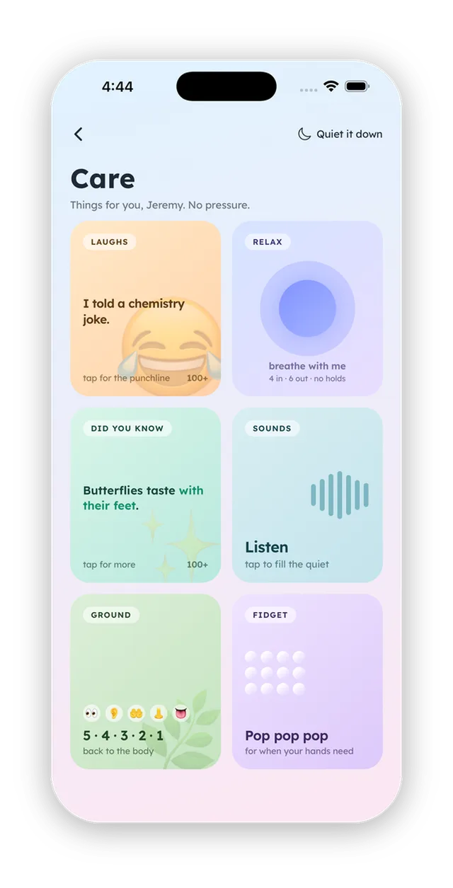 Maddy app Care screen with Laughs, Relax, Did you know, Sounds, Ground and Fidget tiles