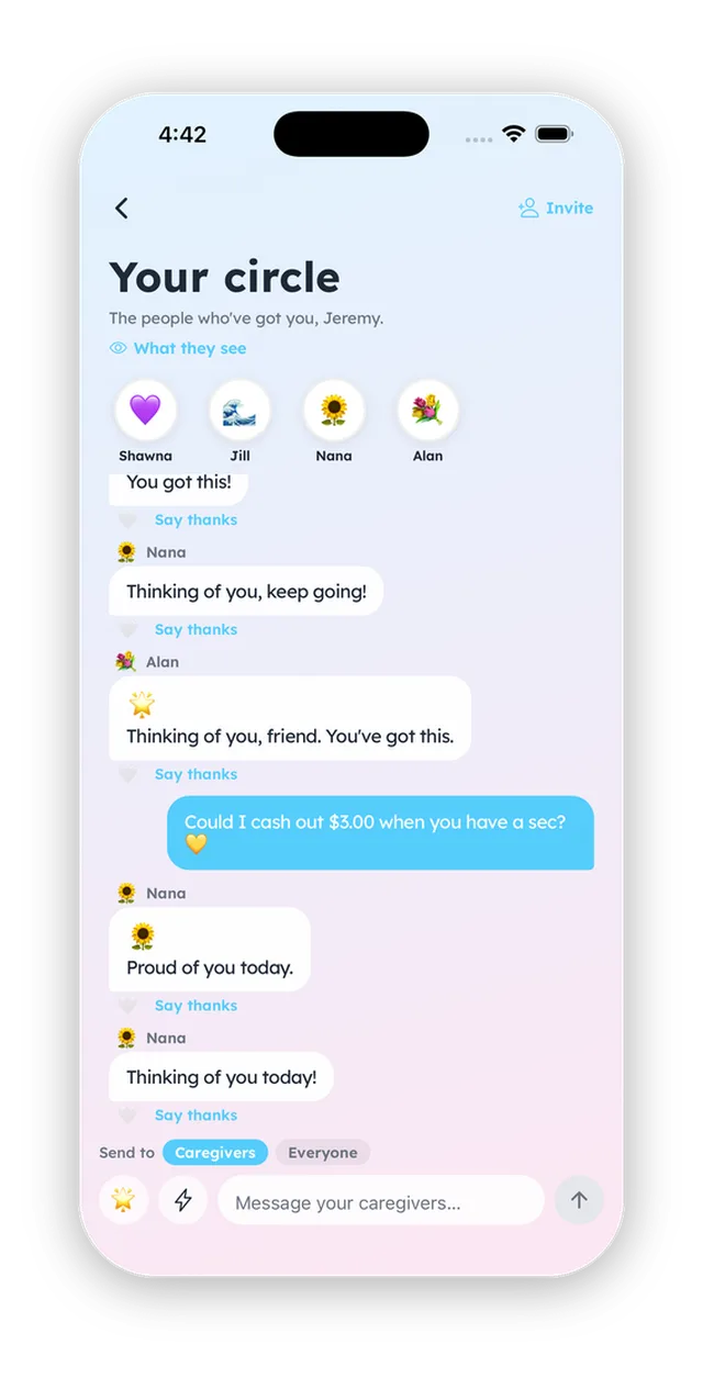 Maddy app Your circle screen, with encouragement messages from Shawna, Jill, Nana and Alan