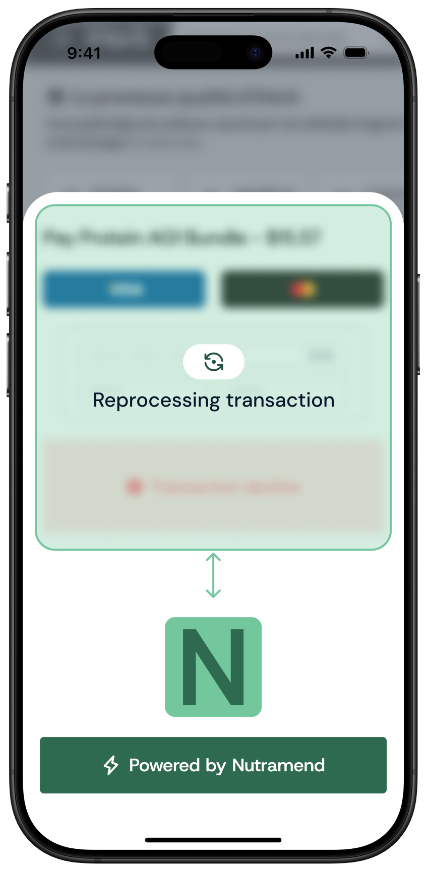 Screen displaying a payment status with message 'Reprocessing transaction' and two blurred payment options above, with 'Powered by Nutramend' below.