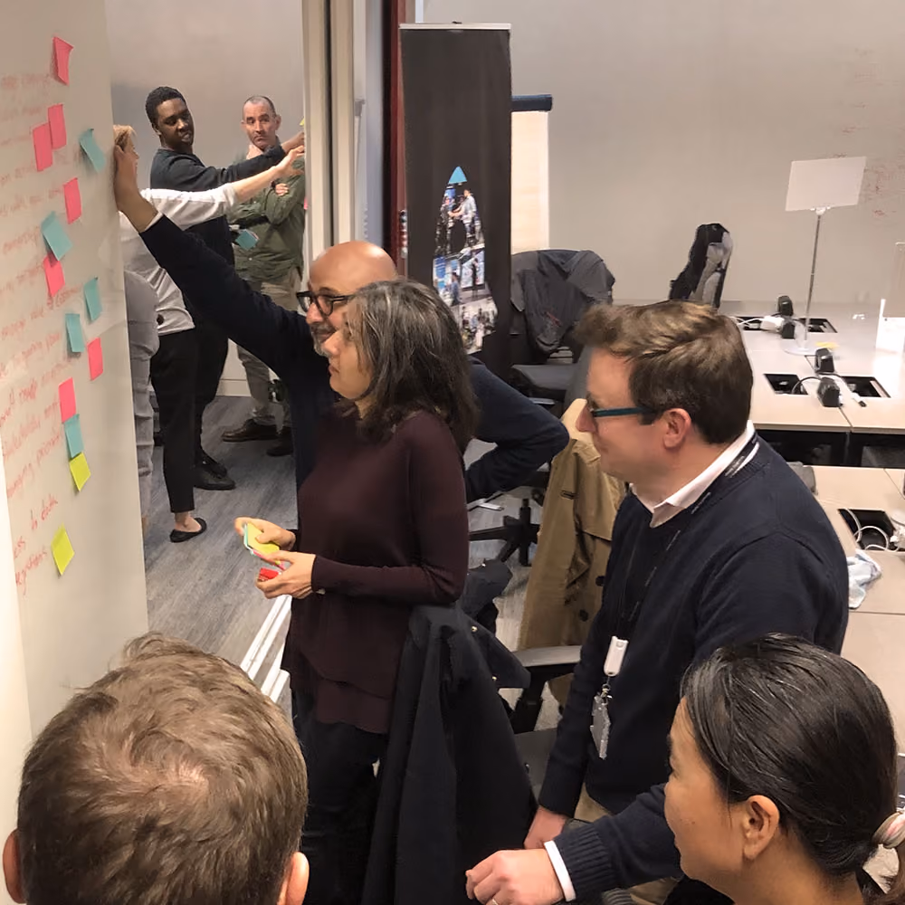 Group of people in a workshop with sticky notes on a whiteboard
