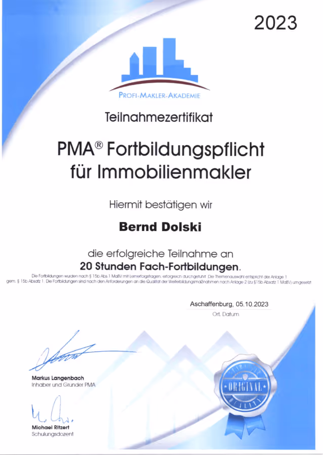 Teilnahmezertifikat PMA Fortbildungspflicht für Immobilienmakler 2023, unterzeichnet von Markus Langenbach, Aschaffenburg.