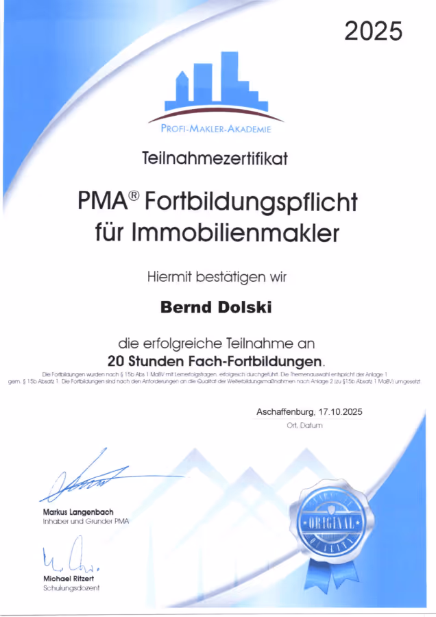 Zertifikat für Bernd Dolski: 20 Stunden Fortbildung für Immobilienmakler, Profi-Makler-Akademie, Aschaffenburg, 2025.