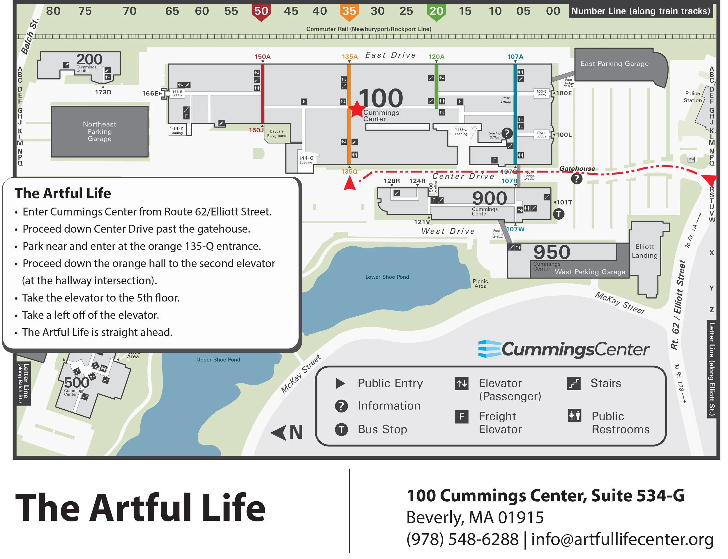Map of Cummings Center showing parking, building 100 with Artful Life location and path from Route 62.