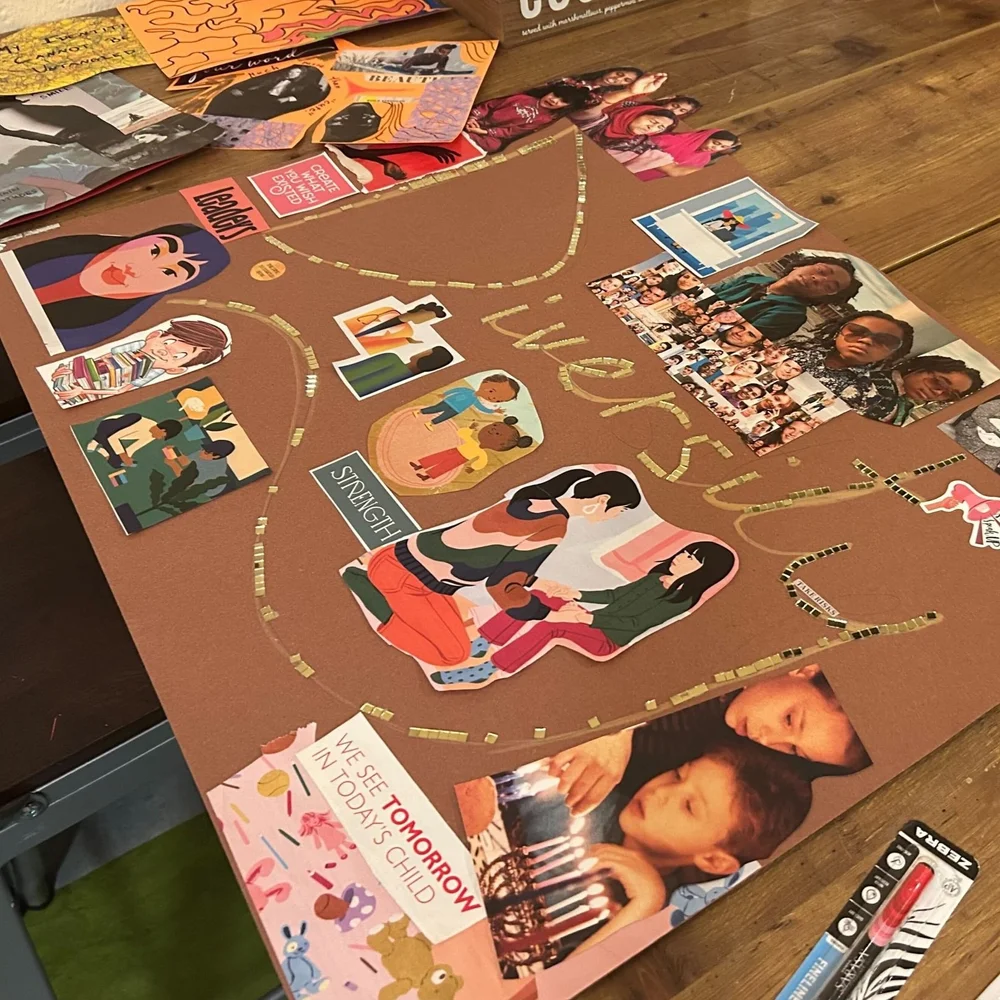 Collage on brown paper with diverse people, children, and text saying 'Lives Matter' and 'We see tomorrow in today's child'.