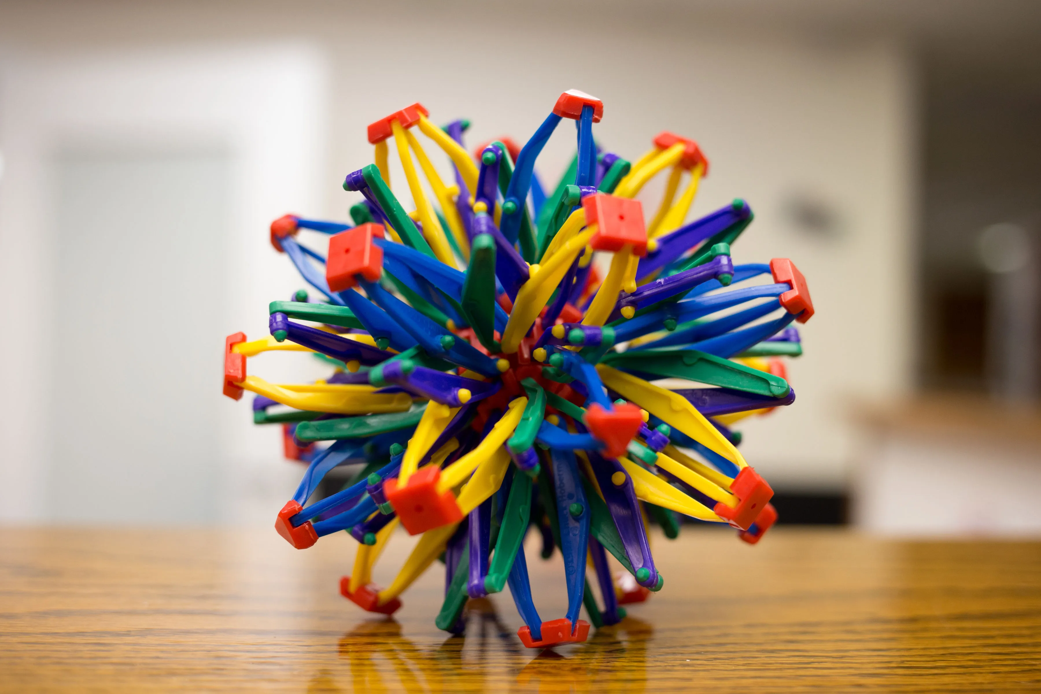 Multicolored expandable plastic toy ball with red, yellow, blue, green, and purple segments on a wooden surface.