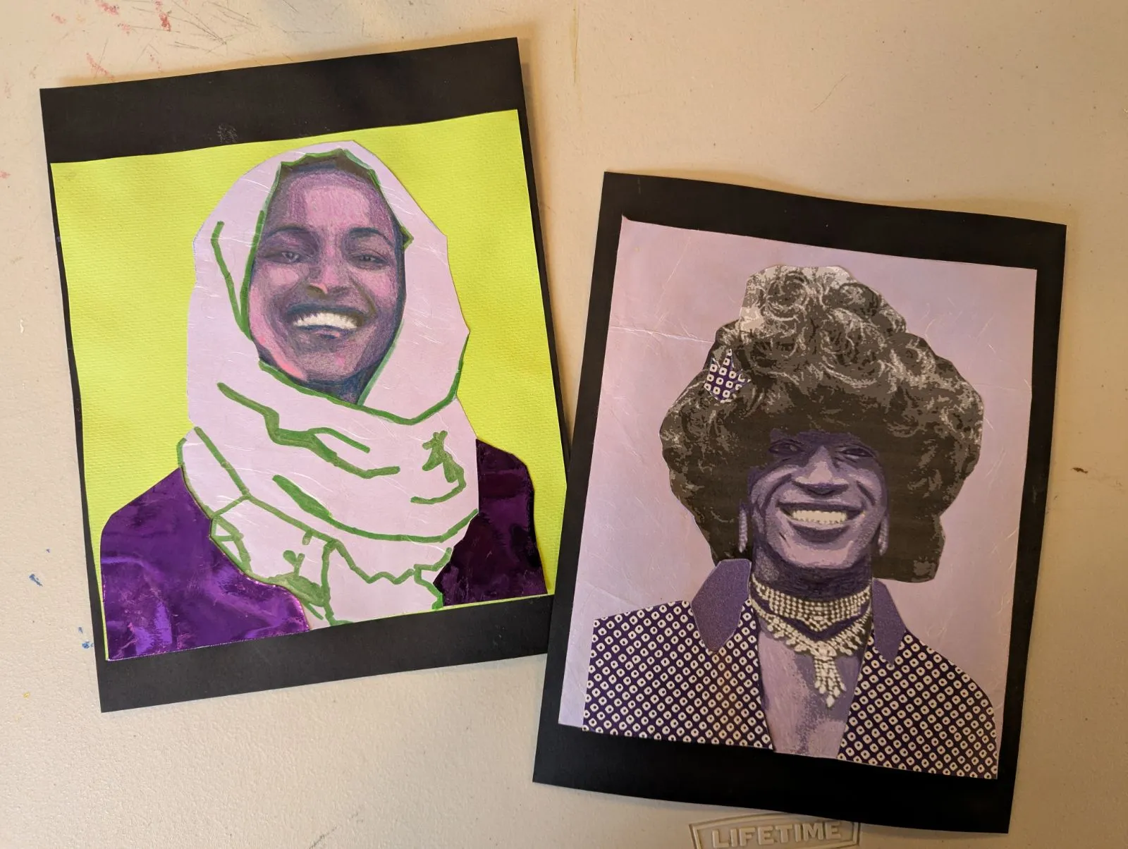 Two vibrant portraits of smiling people, one with a headscarf and the other with an afro and patterned jacket.