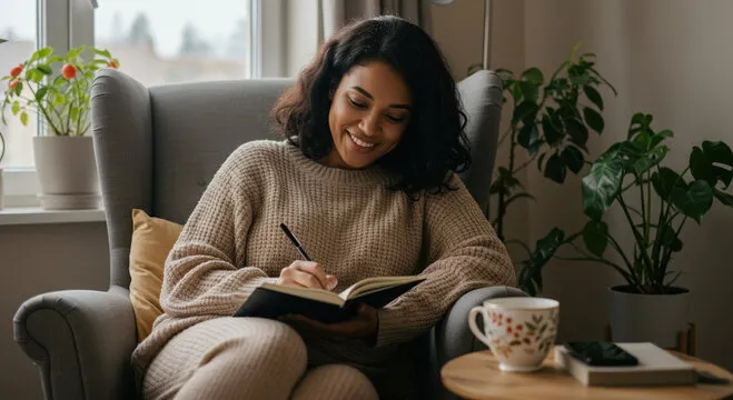 Smiling woman in a cozy armchair writing in a journal with plants and a tea cup nearby.