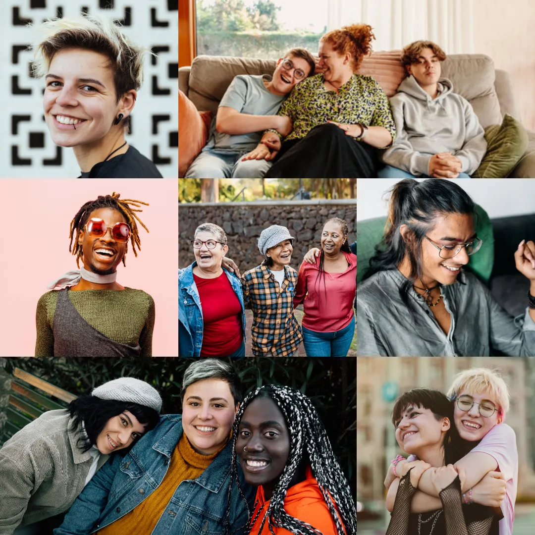 Collage of diverse people smiling, laughing, and hugging in various casual settings indoors and outdoors.