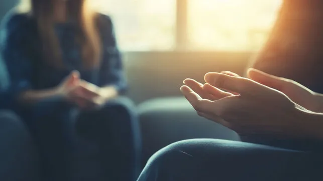 Close-up of hands gesturing during a counseling session with a blurred person in the background.