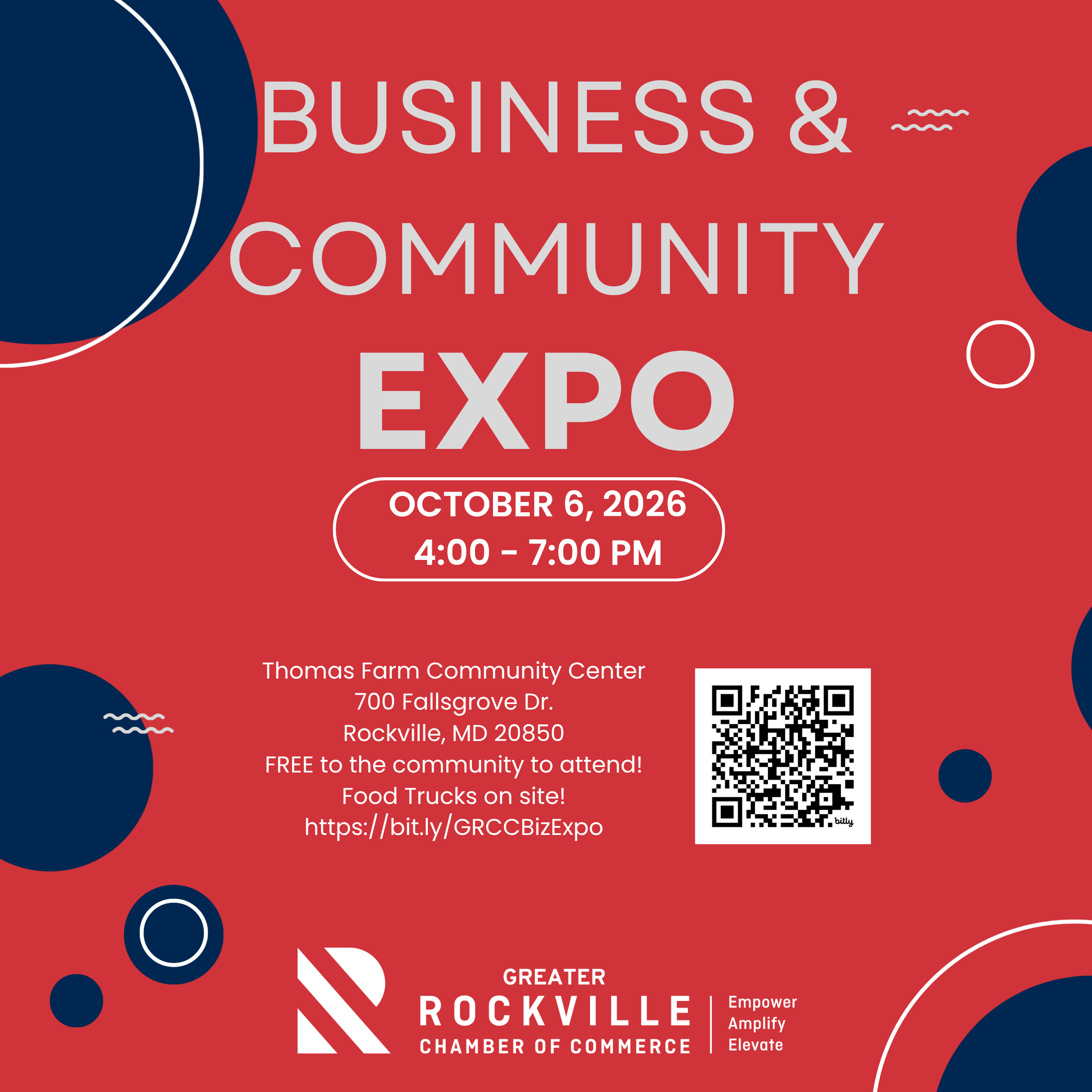 Greater Rockville Chamber of Commerce Business & Community Expo flyer — October 6, 2026, 4-7 PM, Thomas Farm Community Center