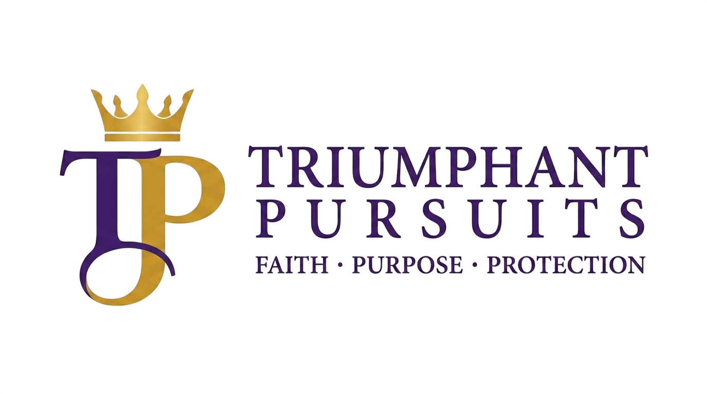 Logo with intertwined purple T and gold P letters topped by a gold crown, followed by text 'Triumphant Pursuits' and below it 'Faith • Purpose • Protection' in purple.