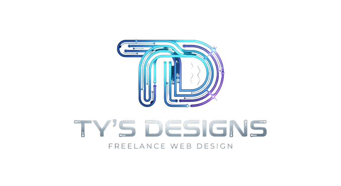 Glowing blue and purple circuit-style logo with text 'Ty’s Designs Freelance Web Design' on black.