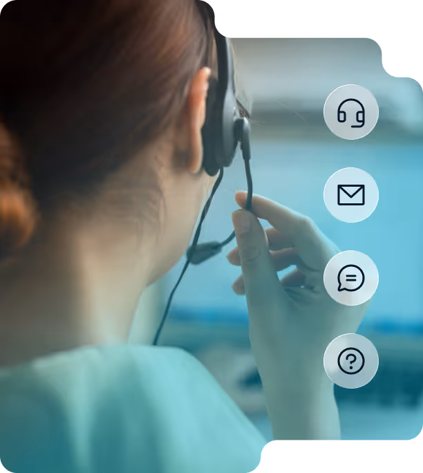 Rear view of a woman wearing a headset, holding the microphone near her mouth, with communication icons for headset, email, chat, and help on the right.