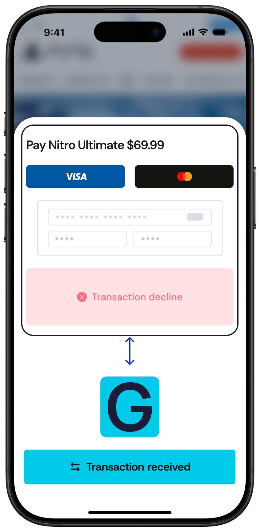 Payment interface showing Pay Nitro Ultimate $69.99 with declined transaction message and a confirmation below stating Transaction received.