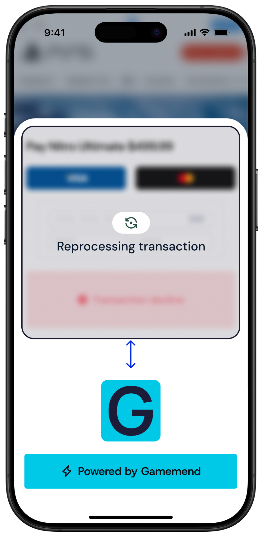 Mobile screen showing a payment interface with text 'Reprocessing transaction' and a circular arrow icon, connected by an arrow to a blue 'G' logo and the text 'Powered by Gamemend'.