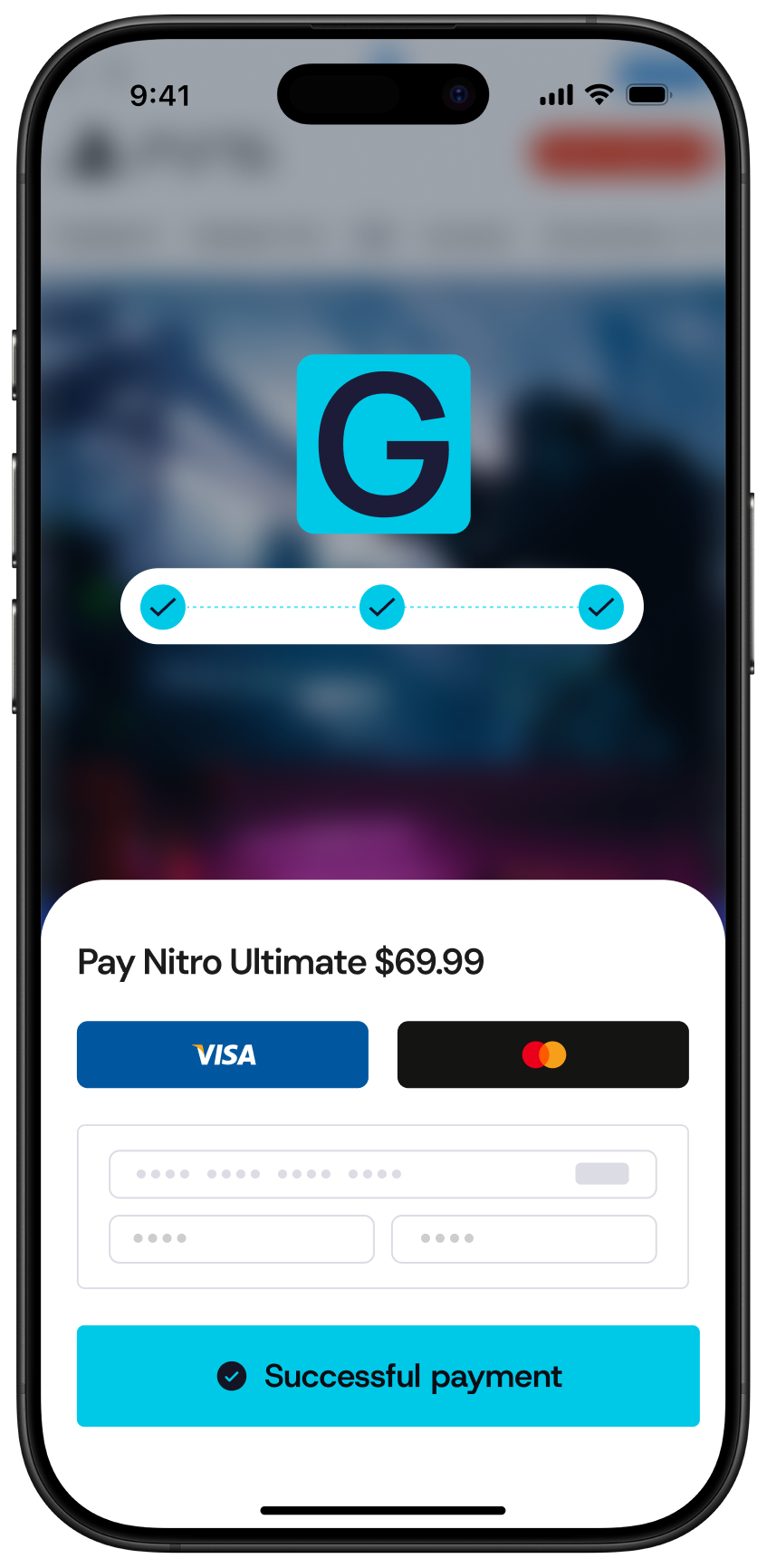 Mobile screen showing successful payment confirmation for Nitro Ultimate at $69.99 with Visa and Mastercard options.