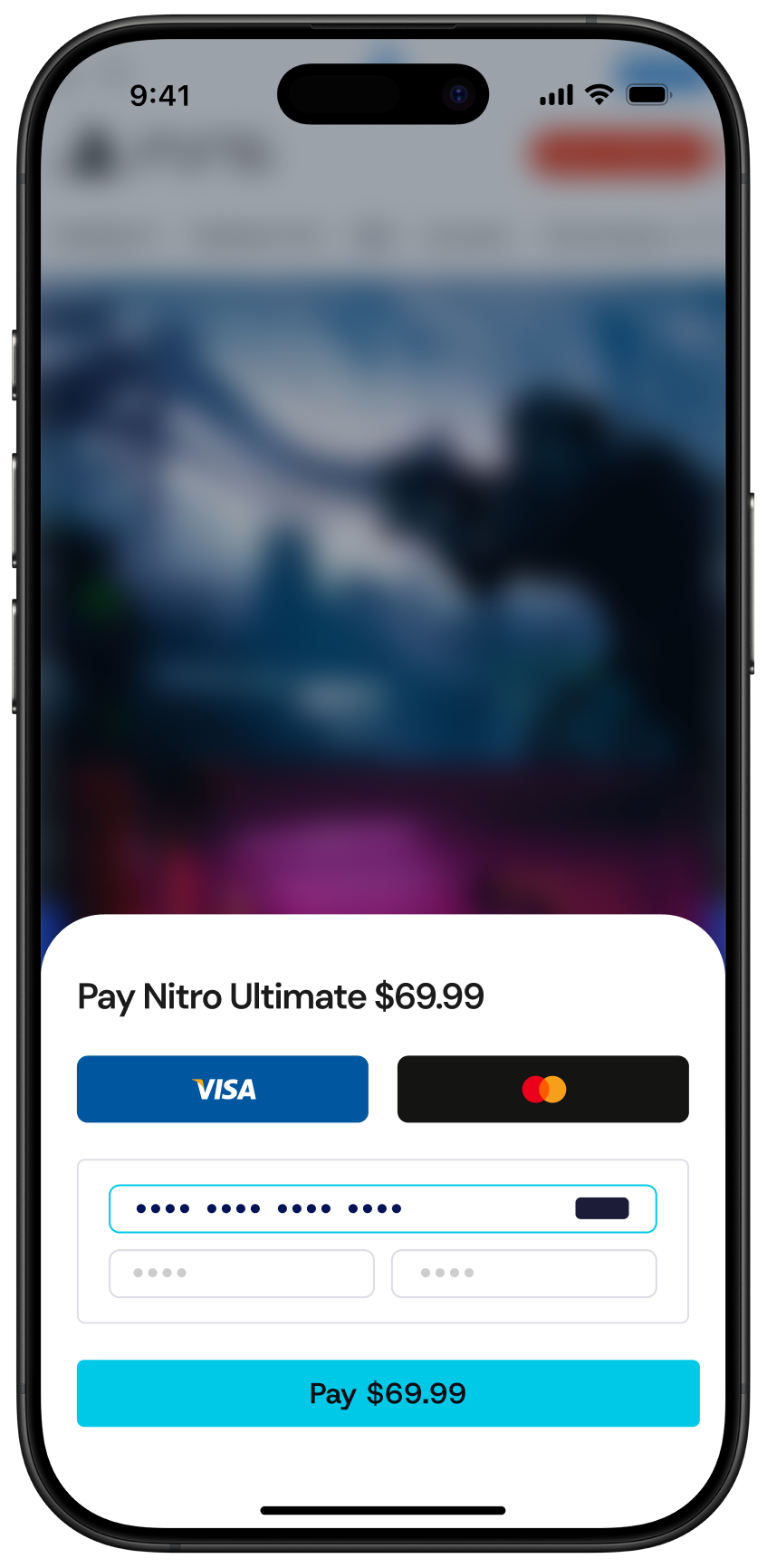 Payment screen showing option to pay $69.99 for Nitro Ultimate using Visa or Mastercard with fields to enter card details and a Pay button.