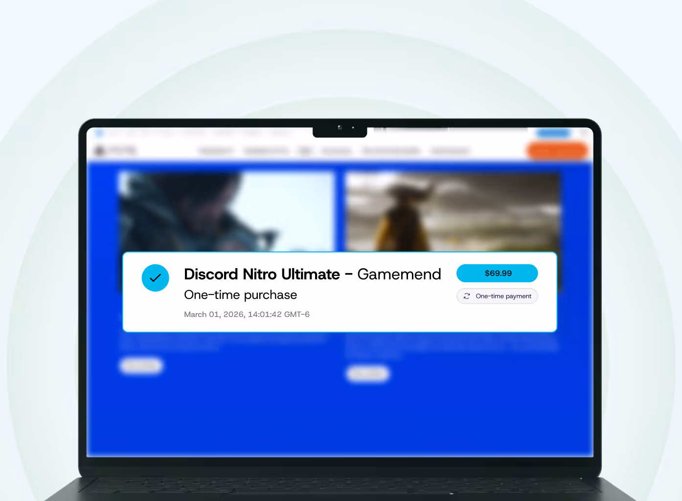 Laptop screen displaying a purchase confirmation for Discord Nitro Ultimate from Gamemend priced at $69.99 as a one-time purchase.