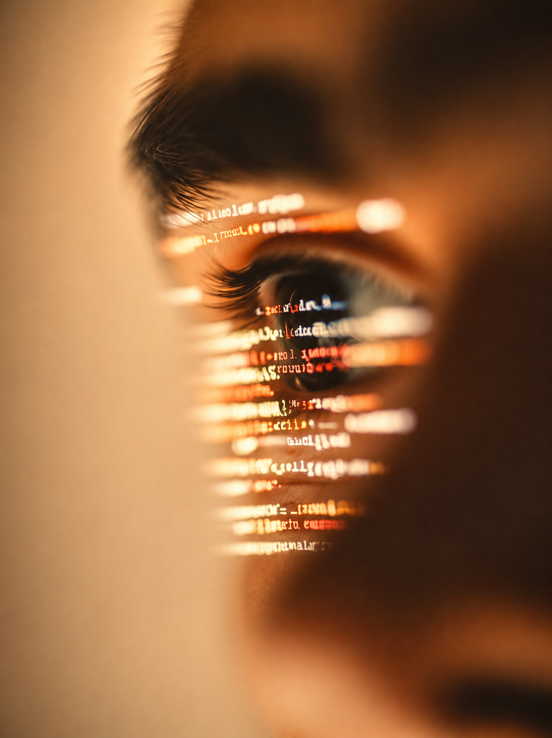 Close-up of a person's eye reflecting colorful lines of computer code on the skin around it.