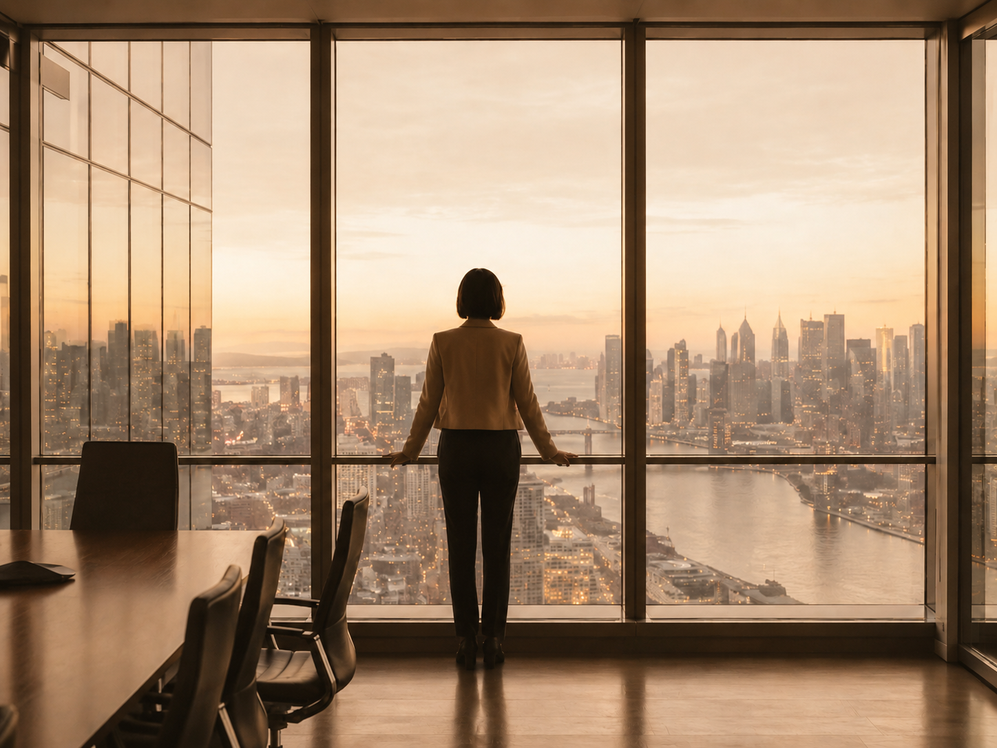 A woman in business attire stands in a high-rise office, looking out of floor-to-ceiling windows.