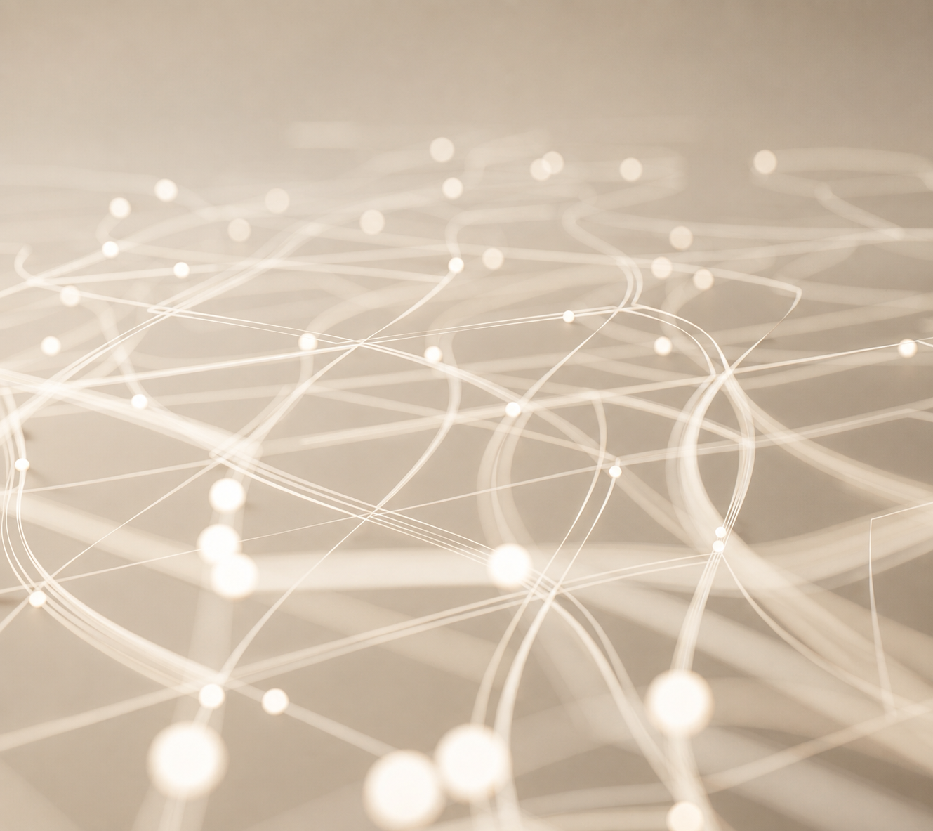 Abstract network of interconnected glowing nodes connected by curved white lines on a soft beige background.