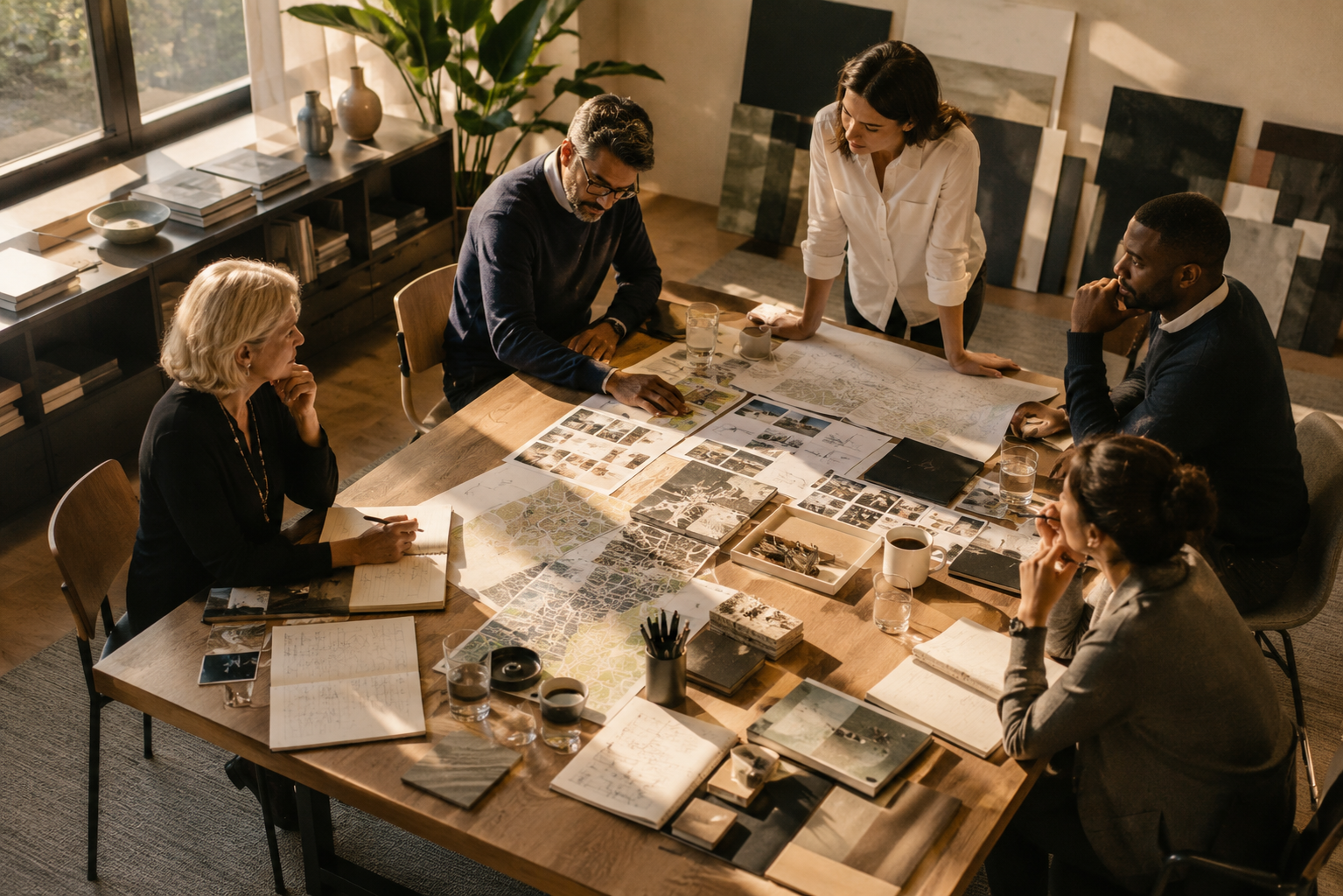 Five diverse professionals around a wooden table covered in maps, notebooks, photos.