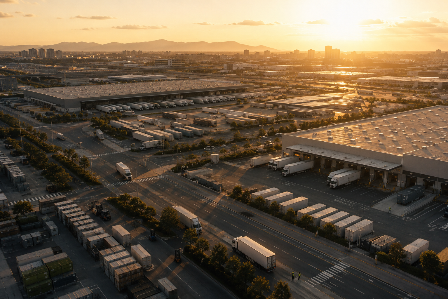 Aerial view of a large industrial distribution center at sunset