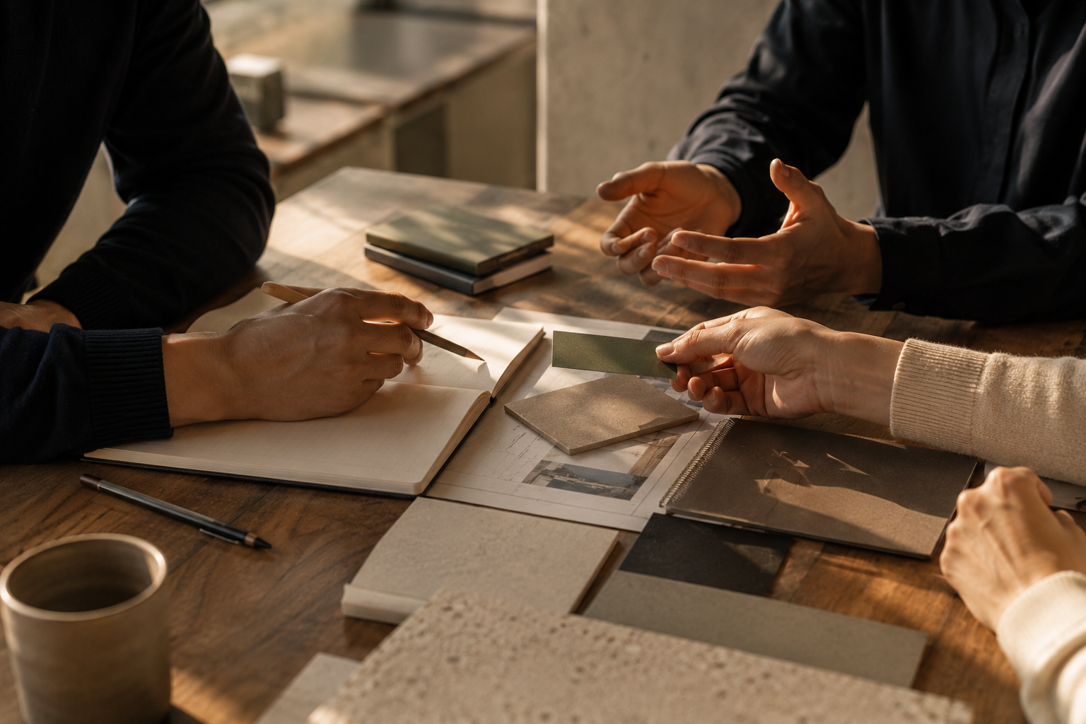 Three people sitting at a wooden table with notebooks, design samples, and a pencil, discussing and sharing ideas.