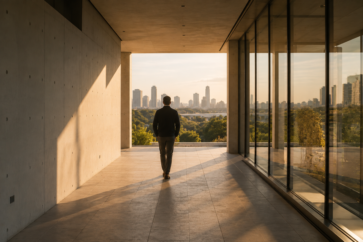 Man walking away through a modern corridor towards an open view of a city skyline
