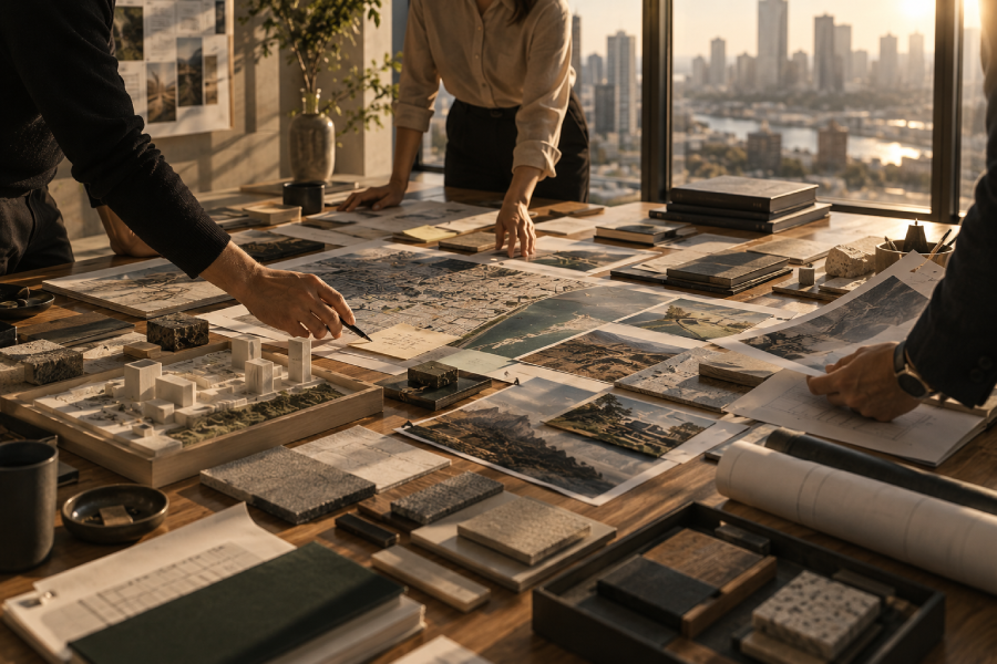 Three people collaboratively examining architectural models, maps, and design materials