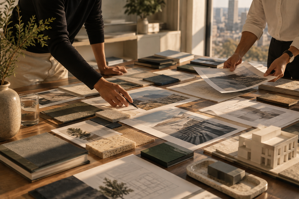 Two people working over a wooden table covered with architectural plans