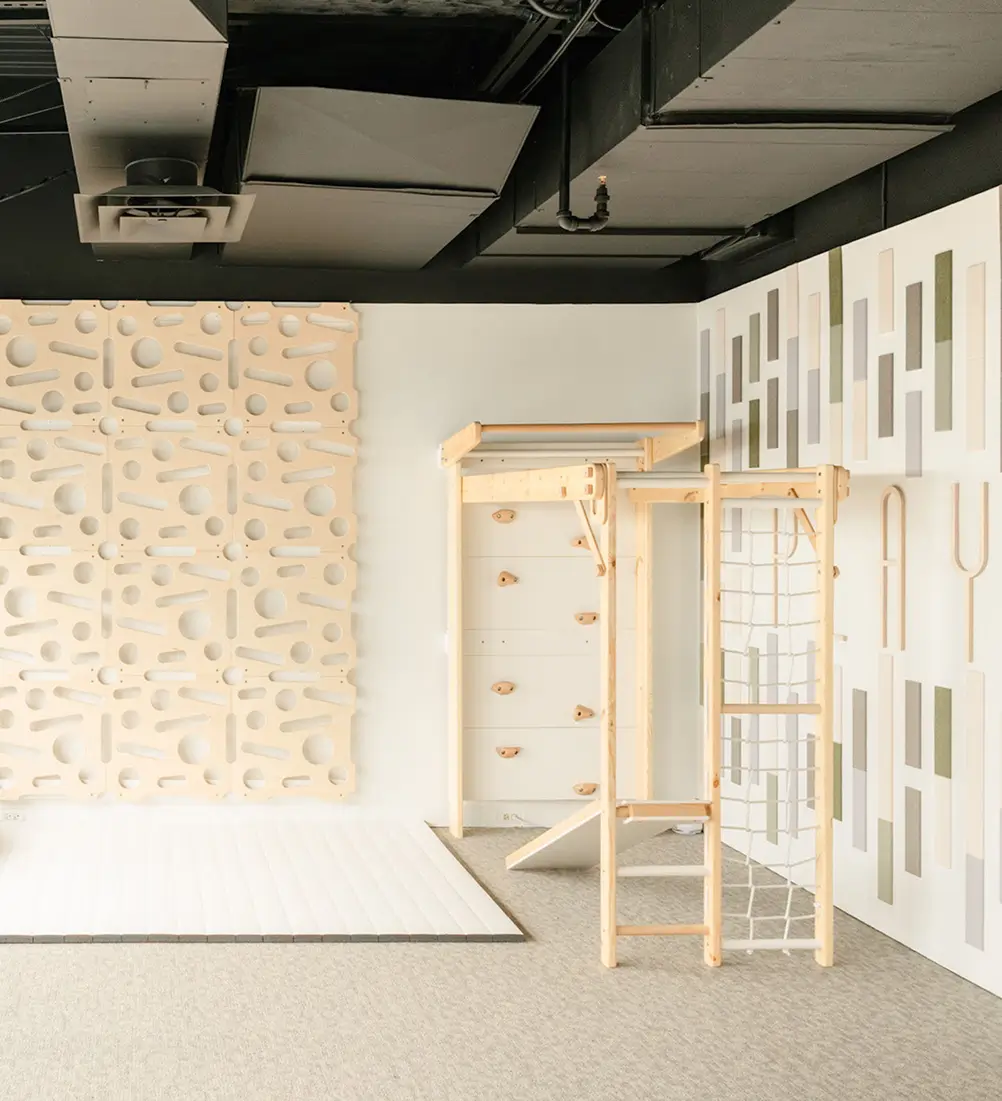 ADHD therapy movement room with sensory peg wall, indoor climbing wall, slide, and cargo net for active kids