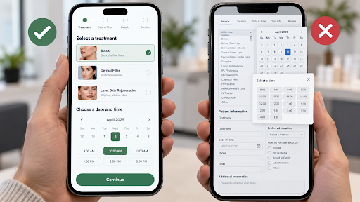 Mobile med spa booking comparison showing a simple scheduler versus a crowded booking experience