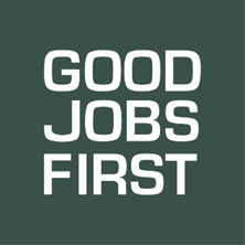 White text reading 'GOOD JOBS FIRST' on a dark green background.