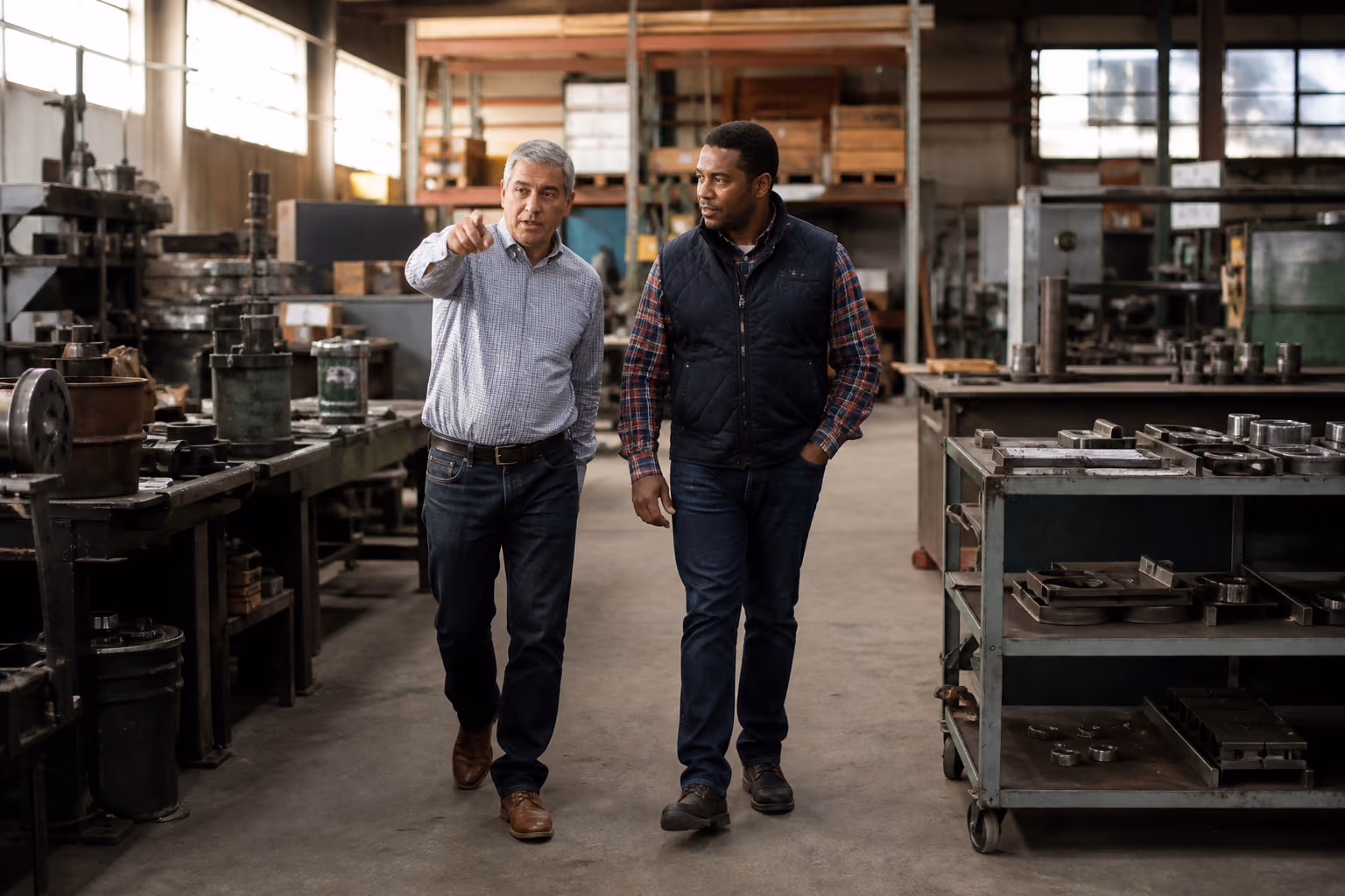 Employer reviewing workplace safety on a shop floor