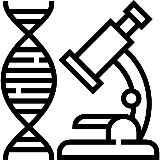 Icono de microscopio junto a una doble hélice de ADN.