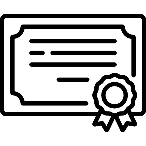 Icono de un certificado con sello y cintas decorativas.