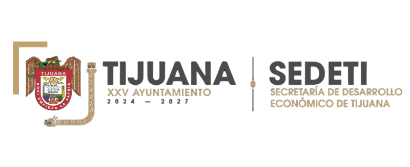 Escudo de Tijuana junto al texto Tijuana XXV Ayuntamiento 2024-2027 y SEDETI Secretaría de Desarrollo Económico de Tijuana.