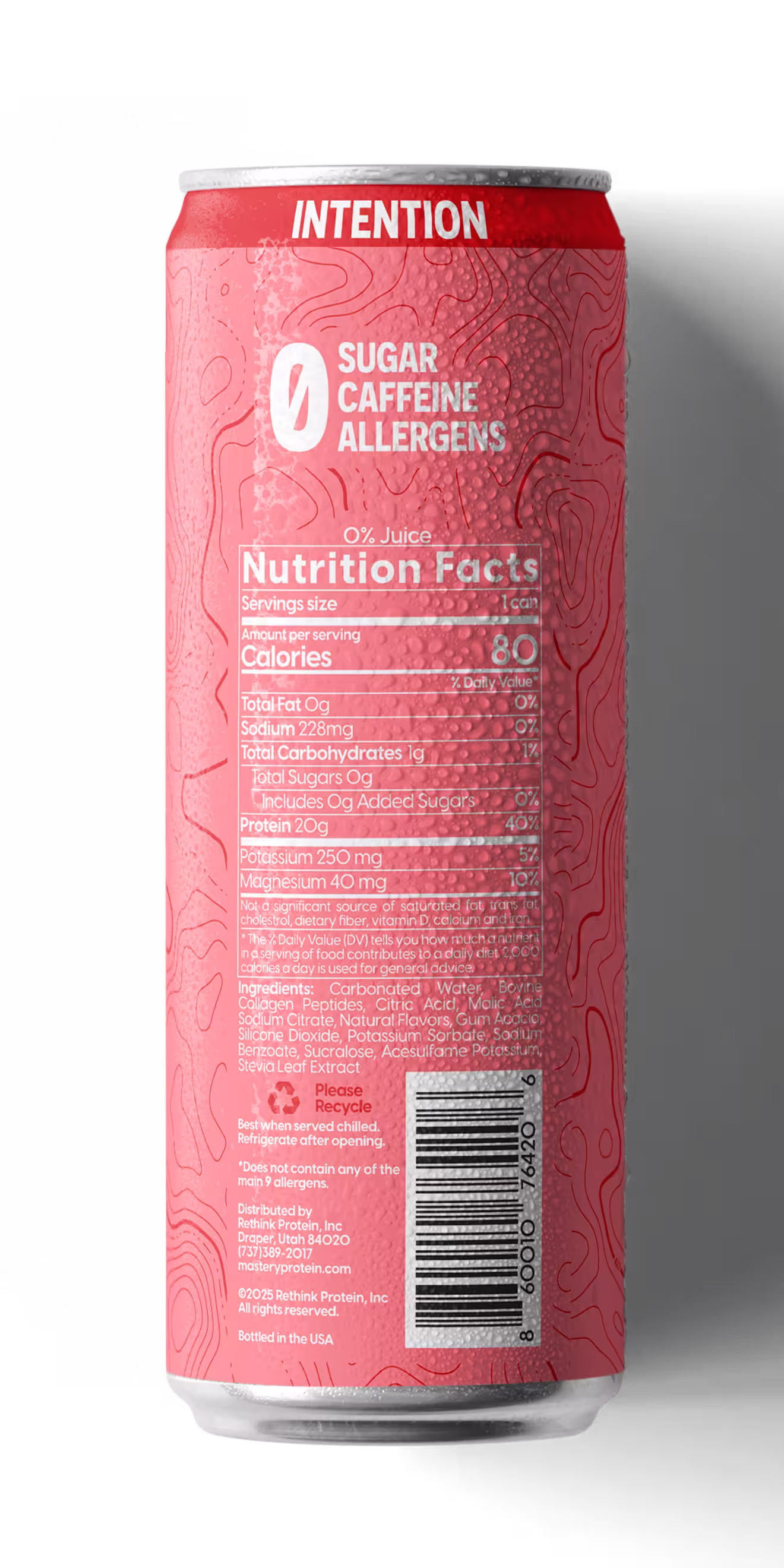 MASTERY Strawberry flavored carbonated protein drink can showing zero sugar caffeine and allergens