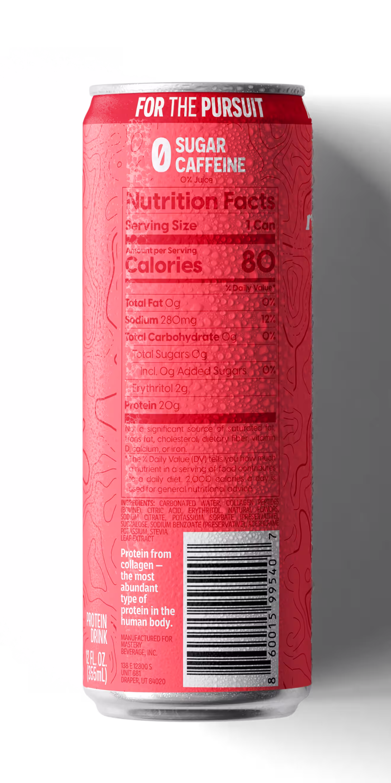 MASTERY Strawberry flavored carbonated protein drink can showing zero sugar caffeine and allergens