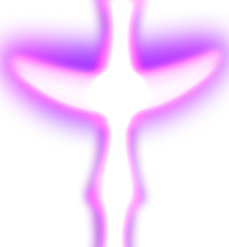Glowing white cross with a purple aura on a black background.