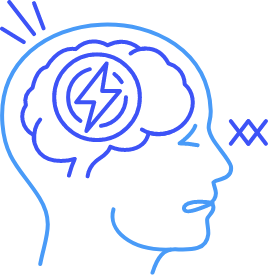 Blue outline of a person's face in profile, looking pained with a blue brain outline with a lightning bolt through it.