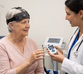 Image of a smiling woman wearing a brain activity monitoring headband, speaking with a doctor holding a connected device.