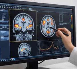Image of a doctor pointing at parts of a brain scan on a computer screen.
