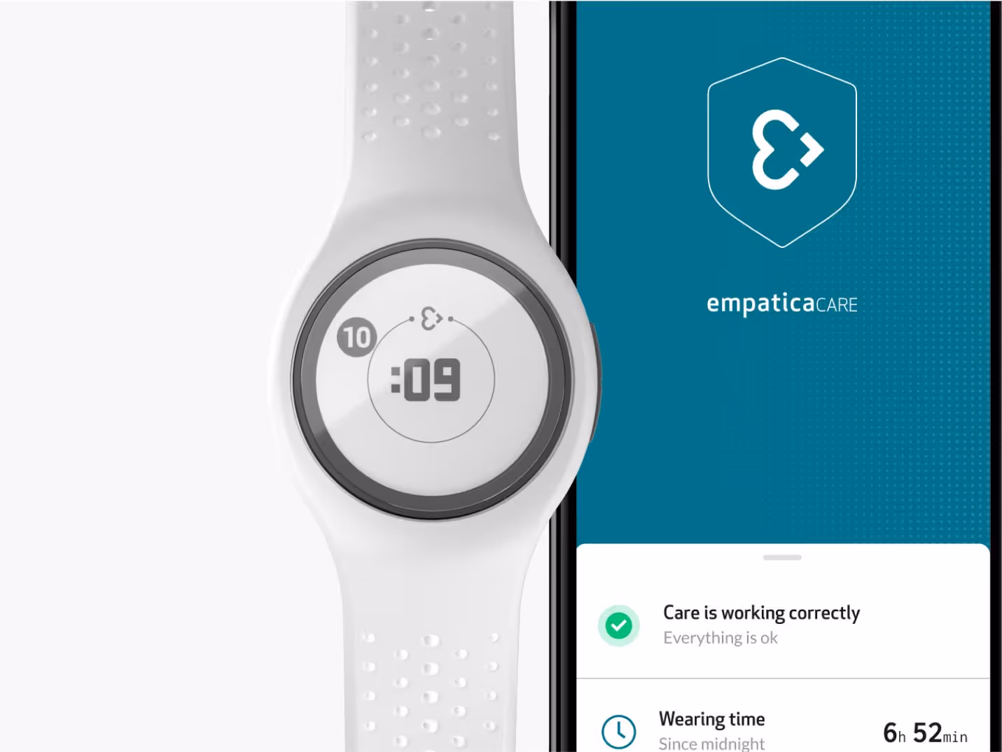 Image of the smart monitoring Empatica watch and a phone screen showing the associated app.