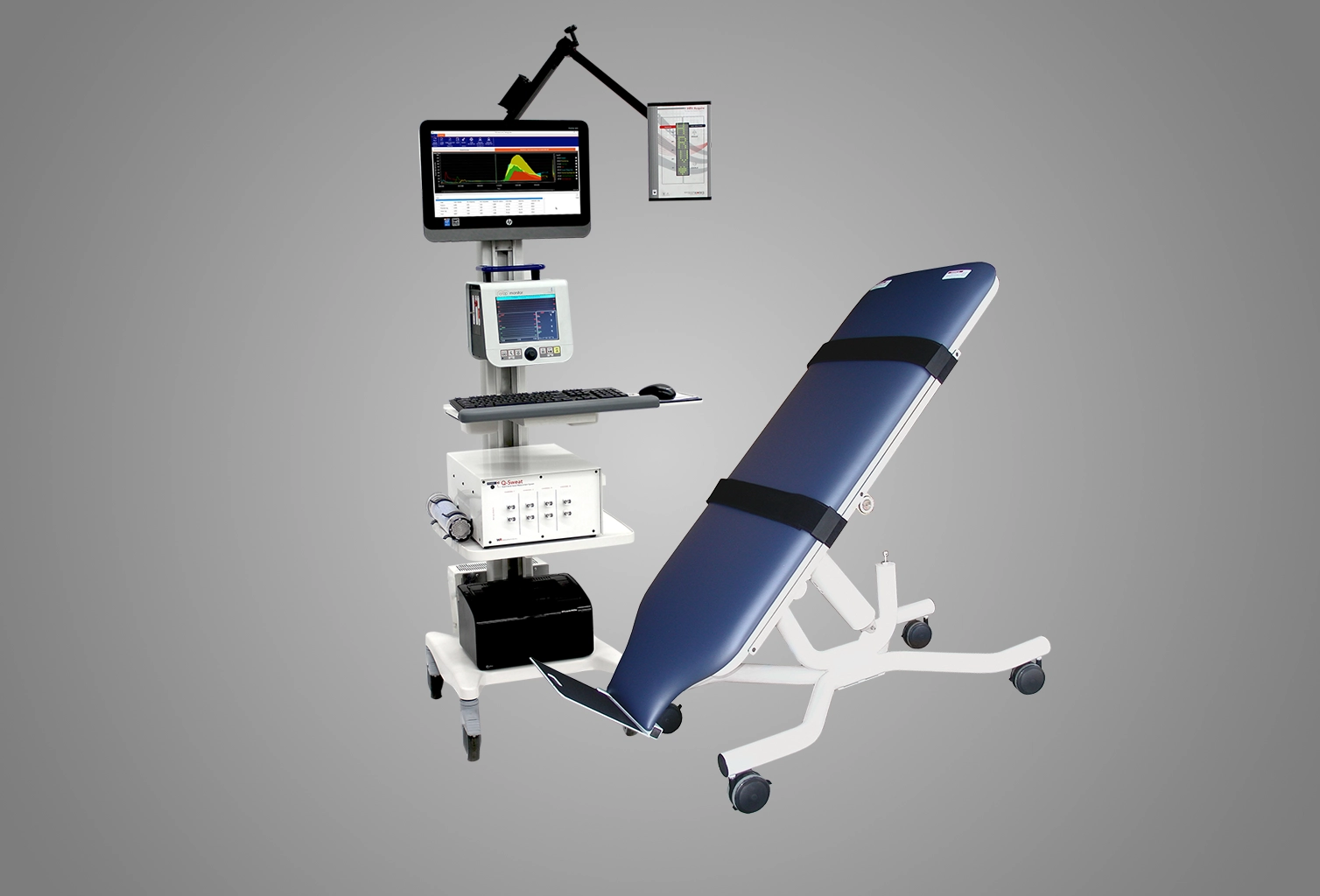 Cartoon depiction of the study set up, with a "tilt table" and a cart carrying screens and monitoring equipment