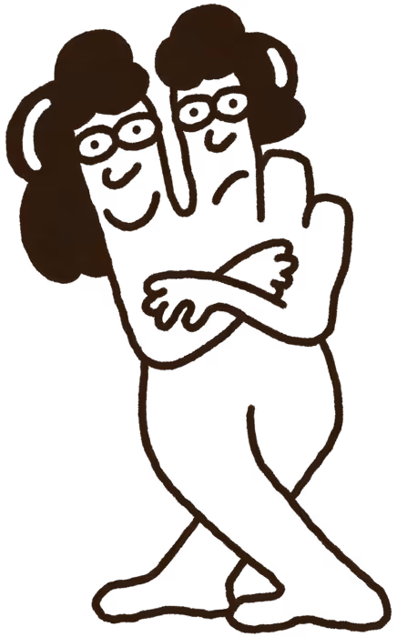 Abstract line drawing of two people standing closely with arms crossed and hair in large shapes.